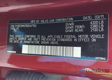 2011 Volvo S40 T5/T5 R-Design из США, поврежденный, VIN YV1672MS7B2547152